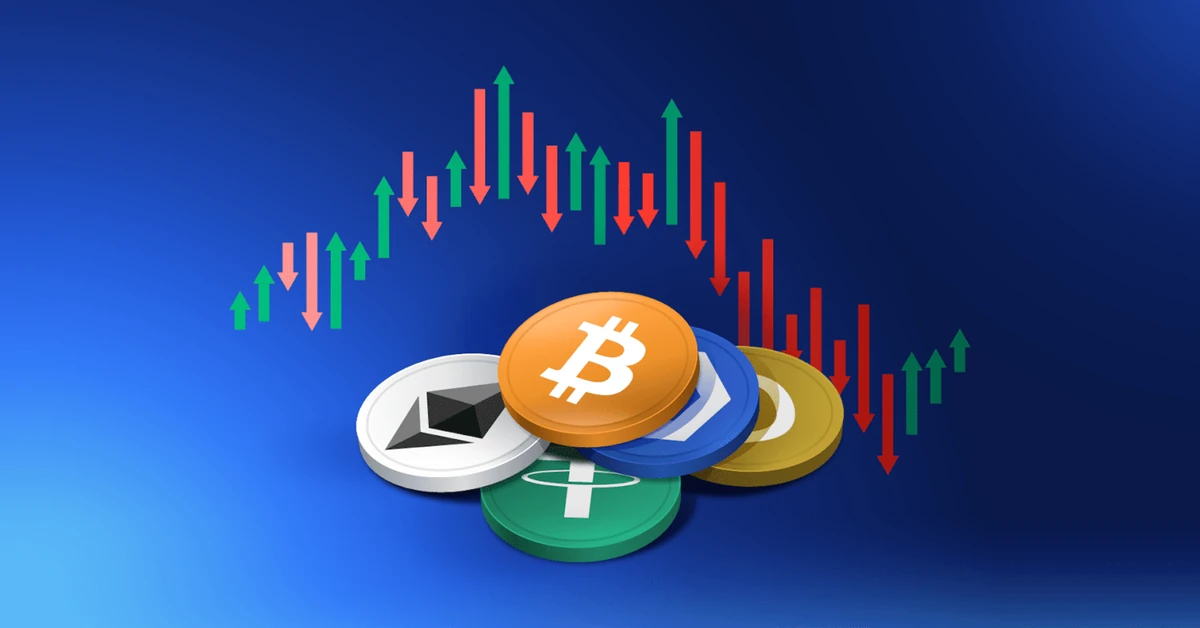 Cryptocurrency coins with rising and falling market arrows